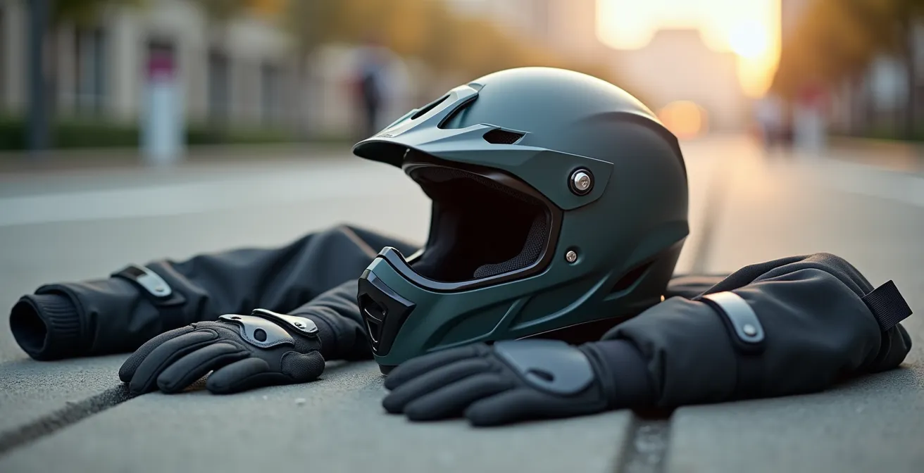 Jeune conducteur de scooter équipé correctement en environnement urbain