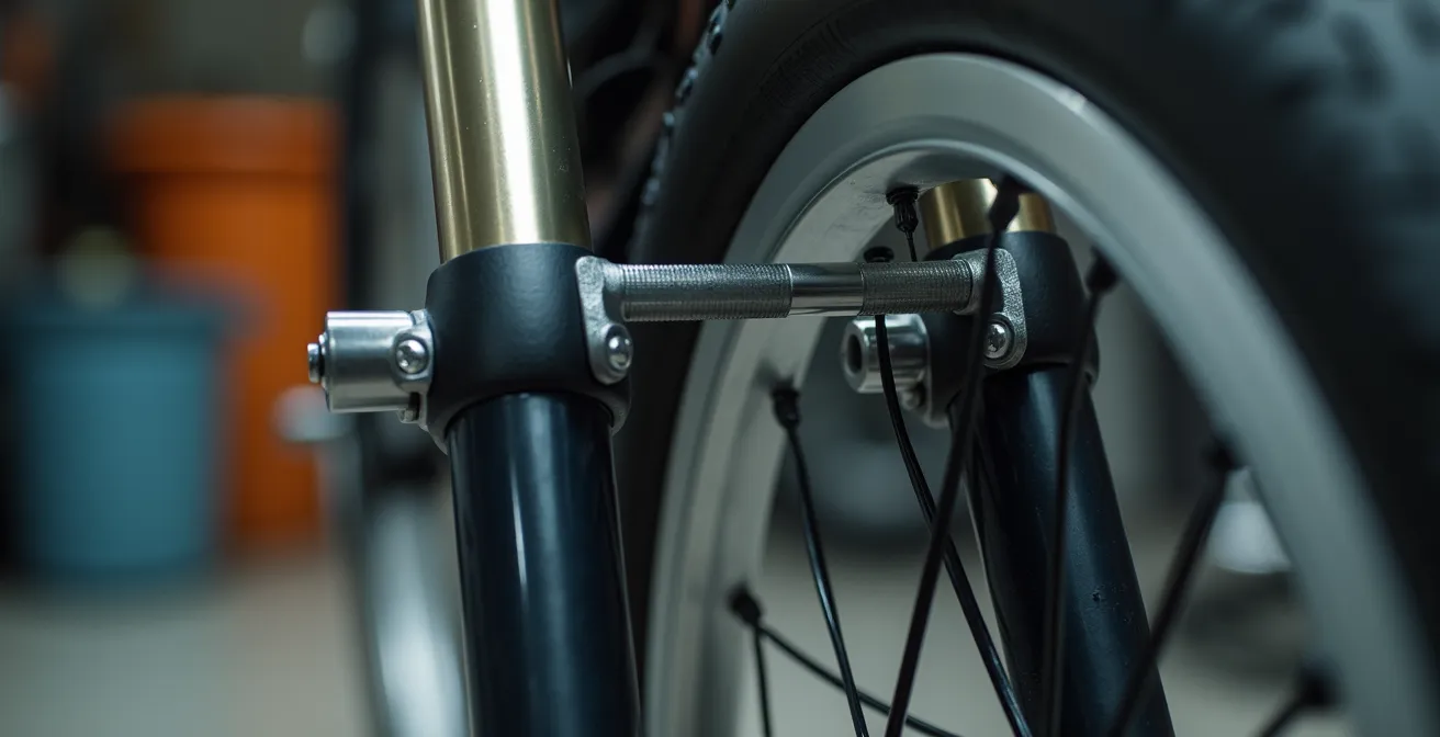 Gros plan sur les tés de fourche et tubes épais d'une fourche inversée pendant un freinage