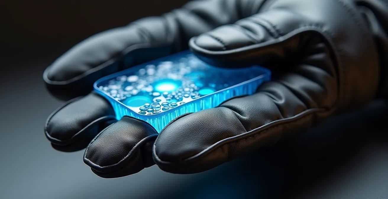 Coupe transversale d'un gant montrant les couches de gel anti-vibrations