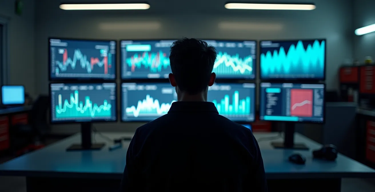 Ingénieur analysant des graphiques de données sur plusieurs écrans dans un box de course