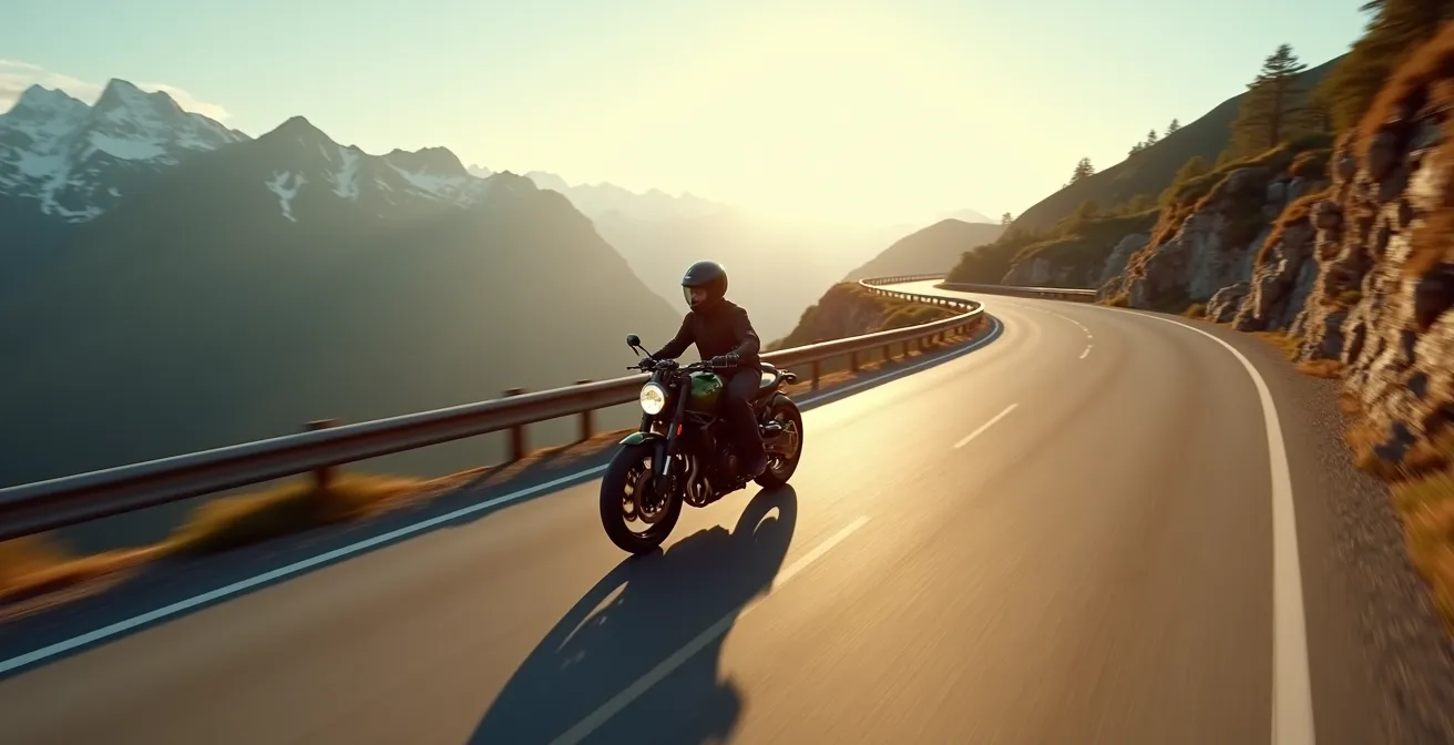 Motard roulant sur route de montagne avec GPS monté discrètement