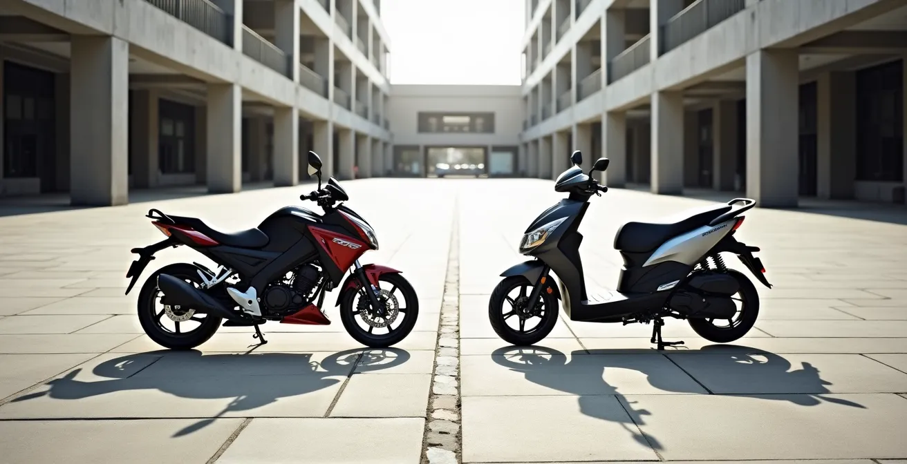 Comparaison visuelle entre une moto 125 sportive et un scooter 125 en environnement urbain