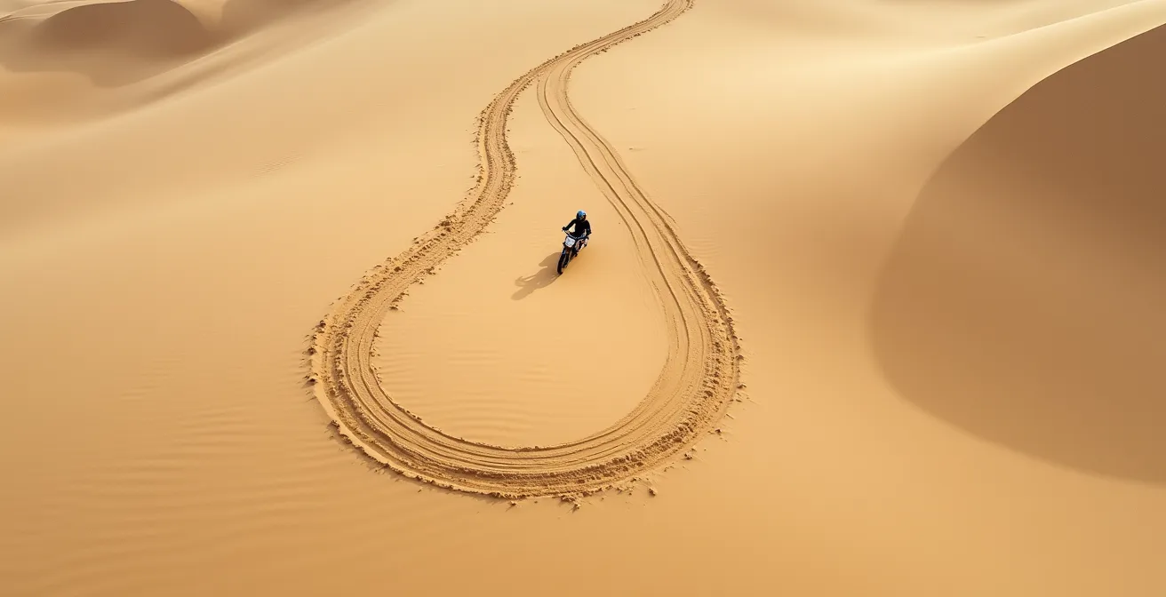 Vue aérienne d'une moto créant une trace parfaite dans les dunes à vitesse contrôlée
