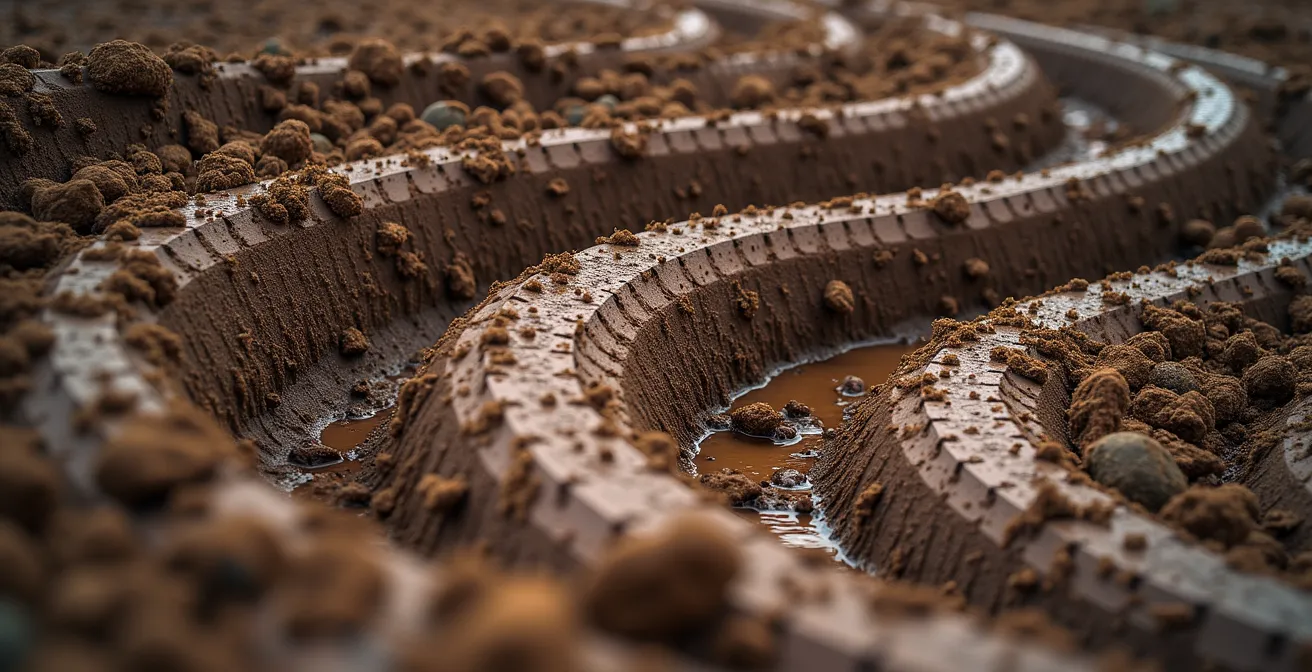 Ornières profondes dans la boue d'un virage de motocross