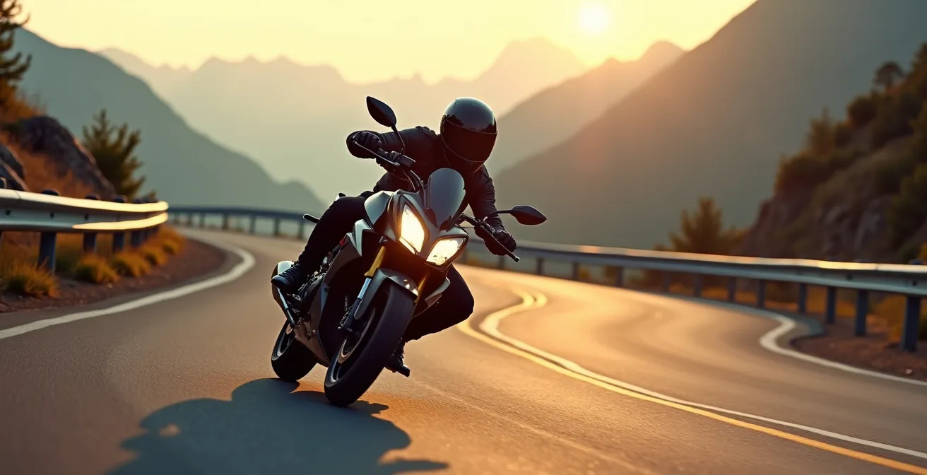 Pilote sur moto 125cc dans les virages d'une route de montagne au lever du soleil