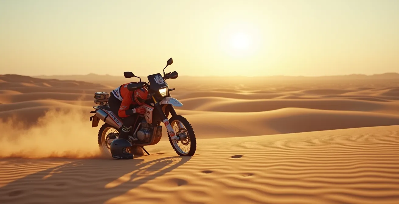Pilote de rallye-raid penché sur sa moto écoutant attentivement le moteur dans un environnement désertique