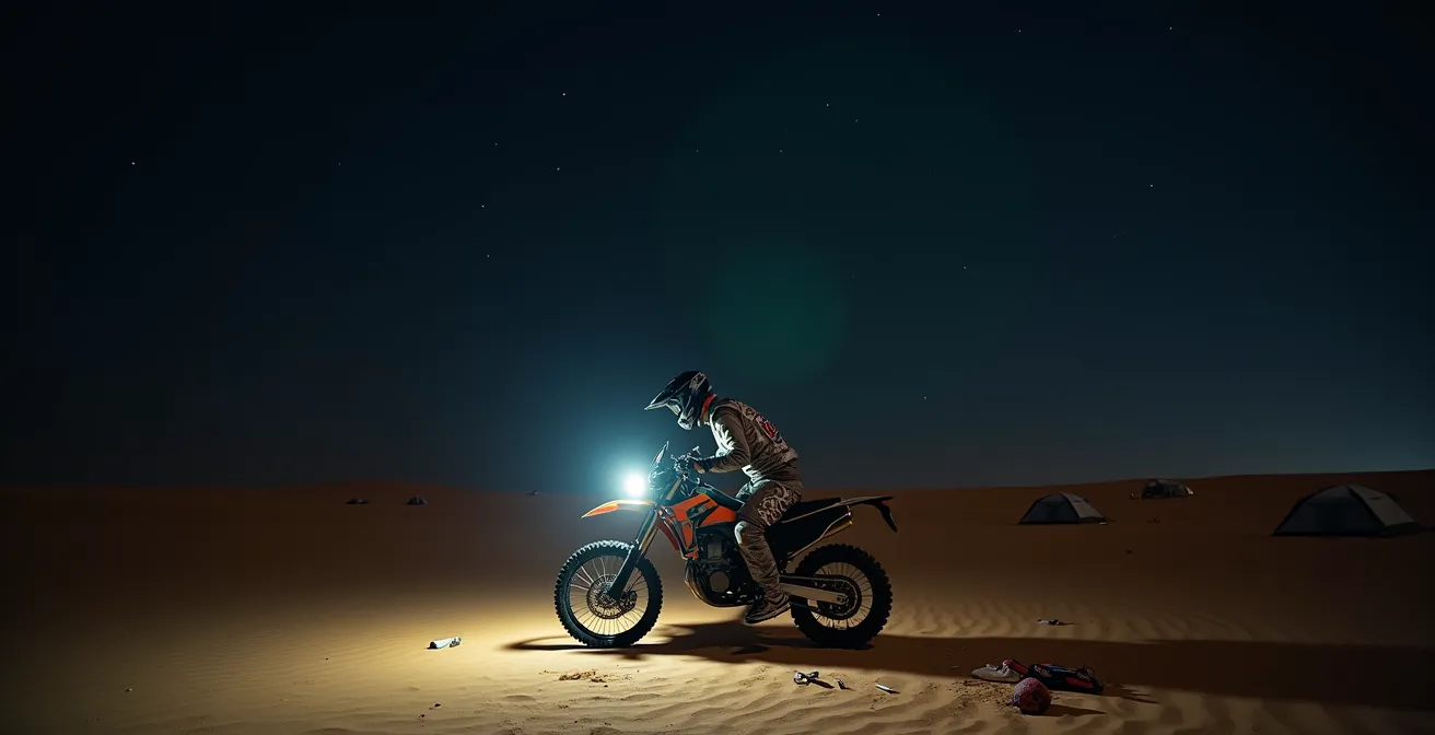 Pilote épuisé travaillant sur sa moto la nuit au bivouac, éclairé par une lampe frontale