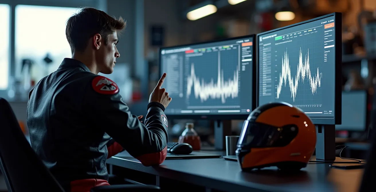Pilote professionnel analysant les données télémétriques de sa moto avec son ingénieur