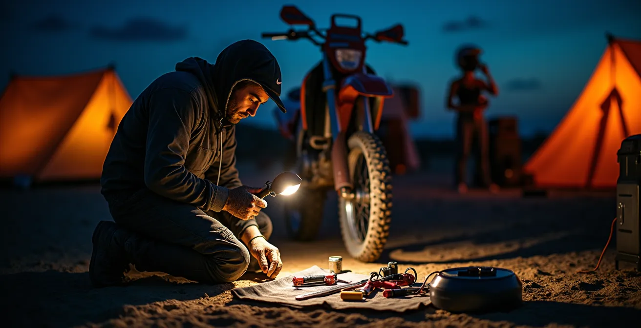 Pilote de moto travaillant sur sa machine la nuit au bivouac du Dakar