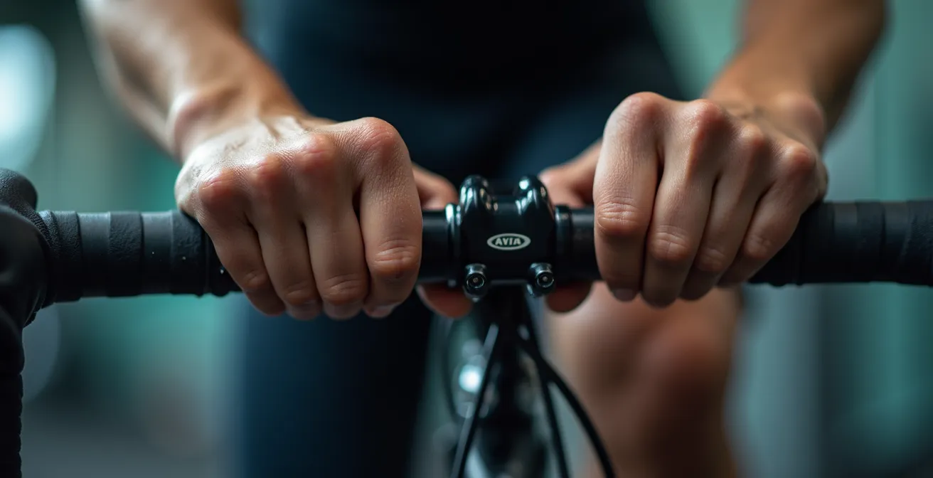 Pilote s'entraînant sur vélo stationnaire dans une salle de sport moderne