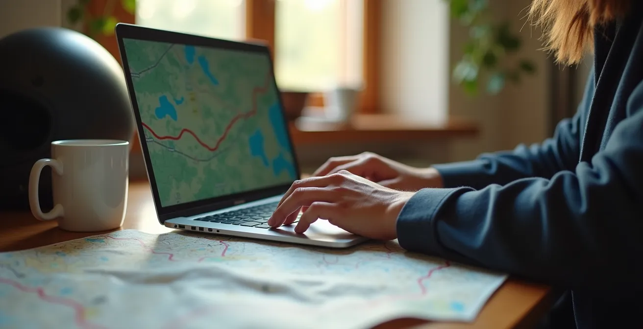 Vue par-dessus l'épaule d'une personne planifiant un itinéraire moto sur ordinateur