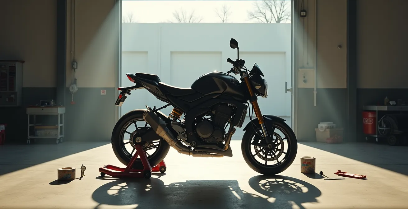 Moto sportive sur béquille d'atelier entourée d'outils et équipements de préparation circuit