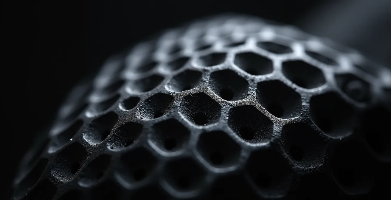 Vue macro d'une protection dorsale moto en matériau alvéolaire montrant la structure de protection
