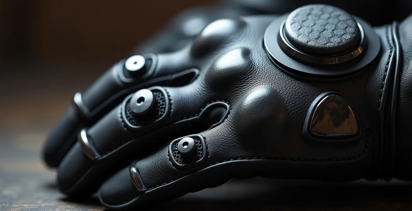 Vue macro détaillée de gants de moto montrant les renforts de protection