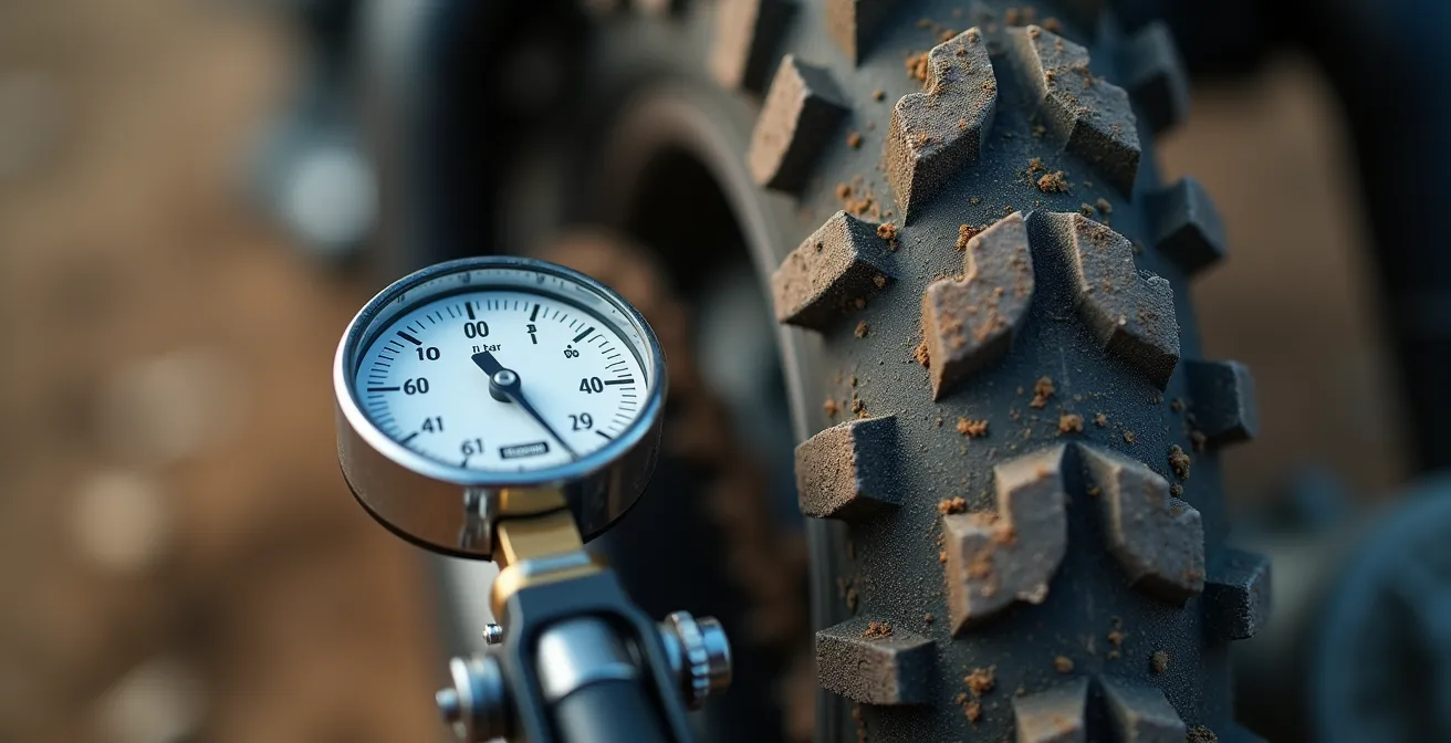 Gros plan sur un manomètre de précision vérifiant la pression d'un pneu à crampons sur une moto trail