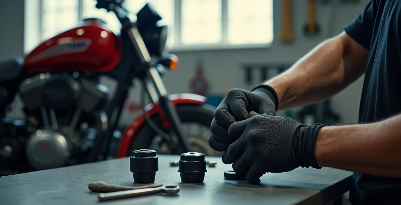 Mécanicien ajustant les suspensions d'une moto avec outils spécialisés
