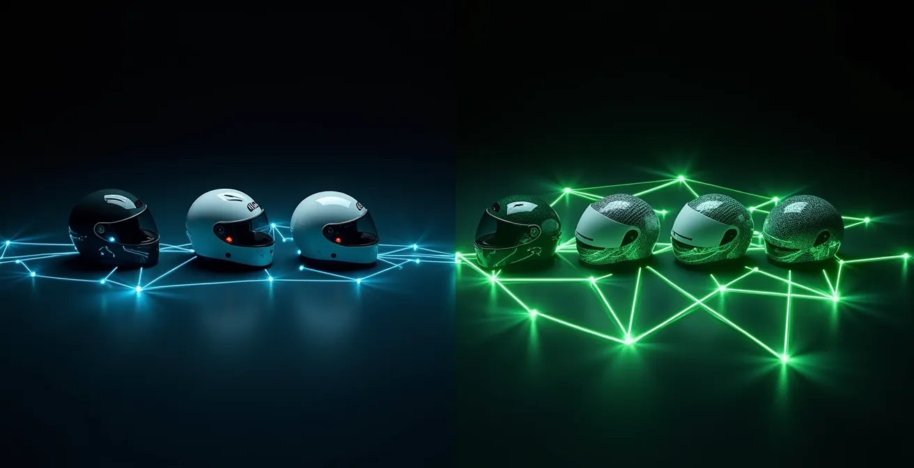 Schéma illustrant la différence entre connexion Bluetooth en chaîne et réseau Mesh maillé pour motards