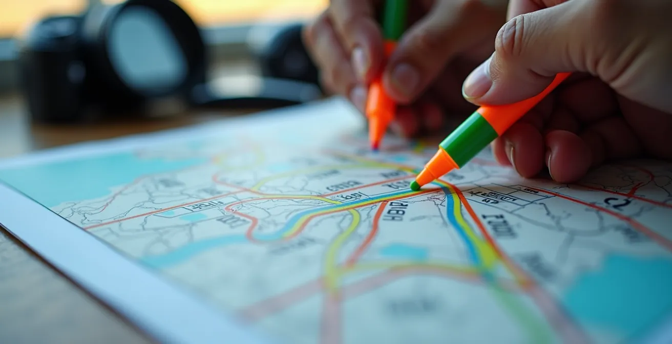 Gros plan sur un roadbook coloré avec système de surlignage pour rallye-raid