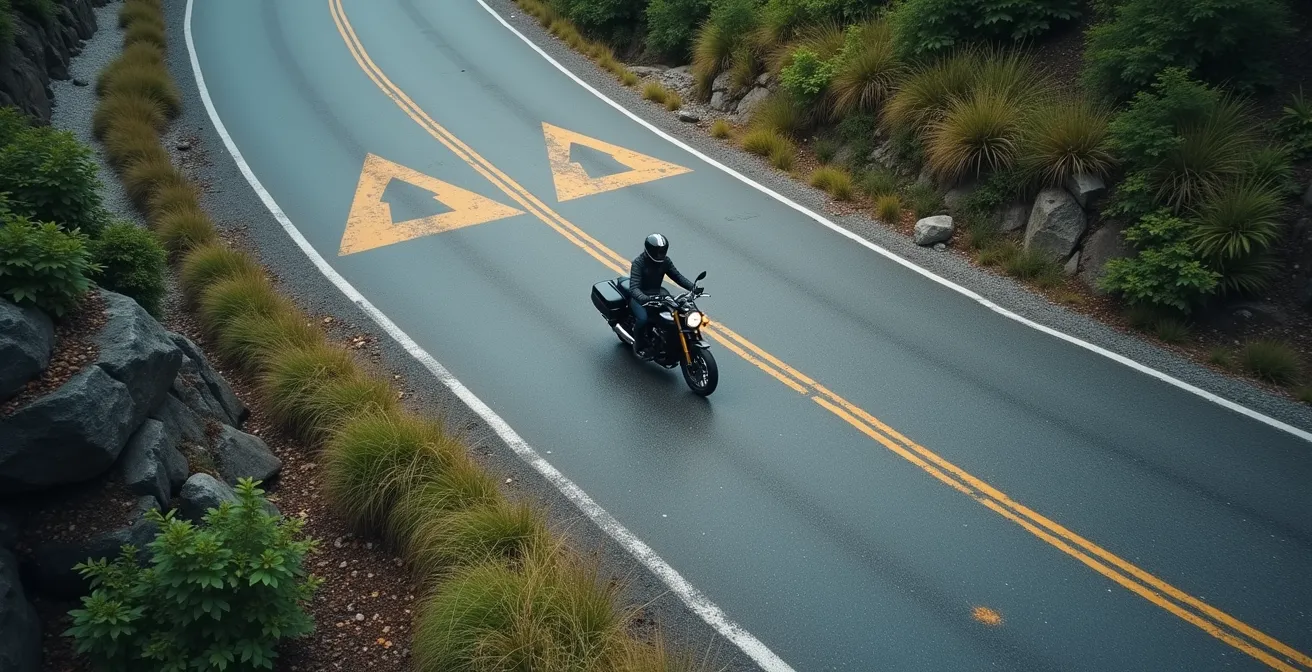 Représentation visuelle du processus mental d'anticipation d'un motard analysant la route