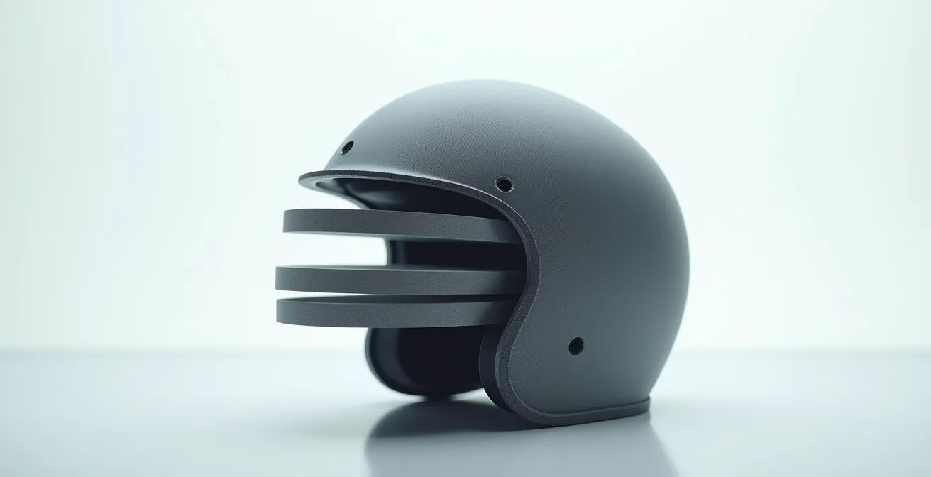 Coupe transversale d'un casque montrant les différentes couches de matériaux composites