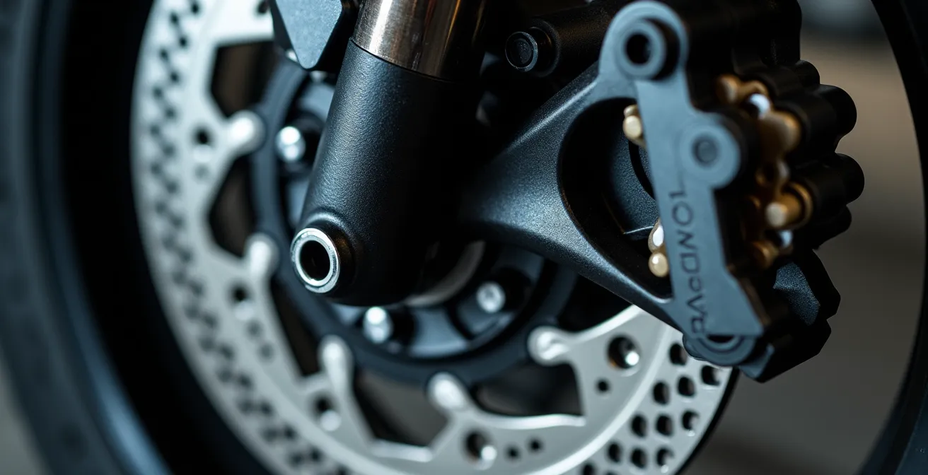 Gros plan sur un système de freinage ABS de moto 125cc montrant le disque et l'étrier