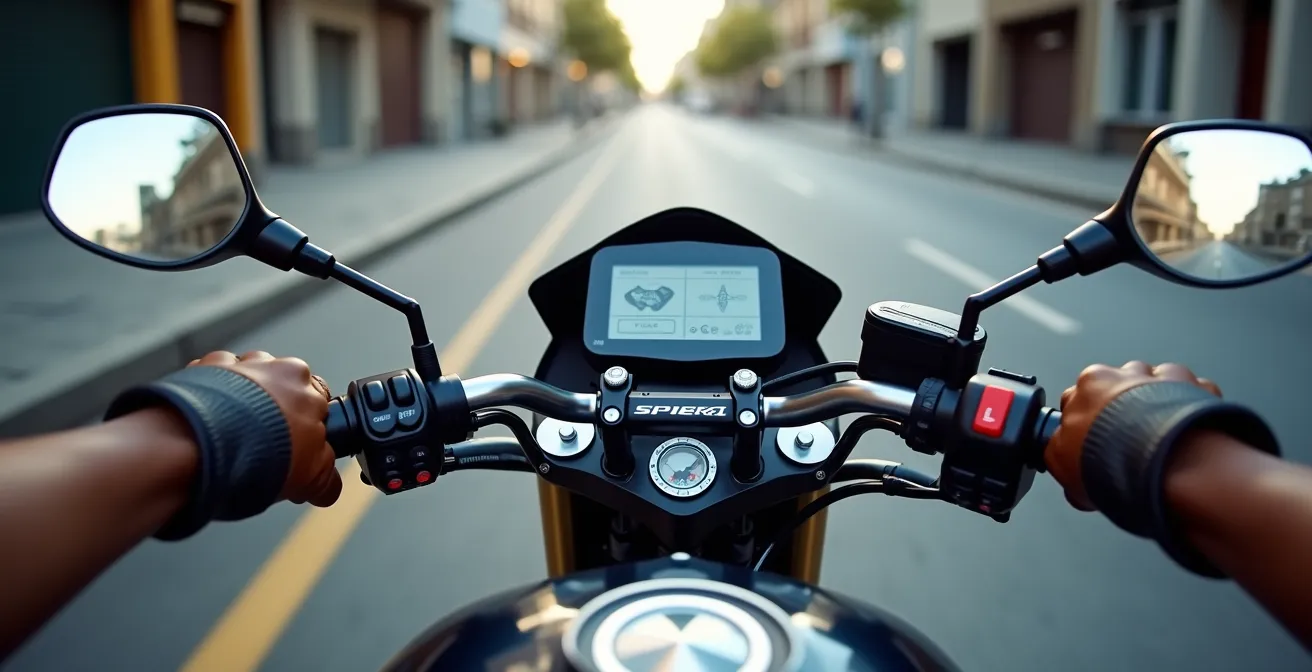 Vue du guidon d'une moto 125cc moderne avec tableau de bord numérique