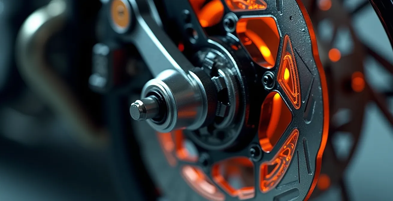 Gros plan sur système de freinage moto en action