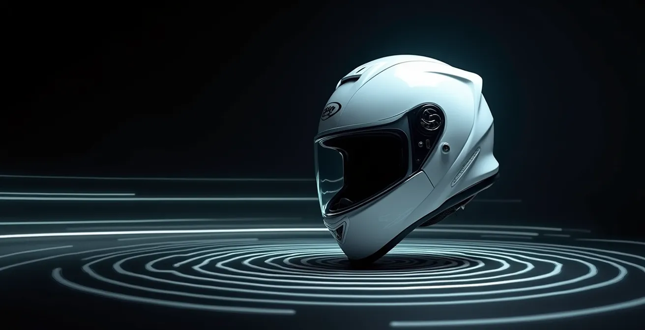 Simulation visuelle d'un impact oblique sur un casque montrant le mouvement rotationnel