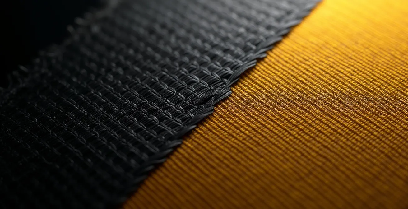 Vue macro détaillée du tissage de fibres de carbone et kevlar montrant les différentes structures