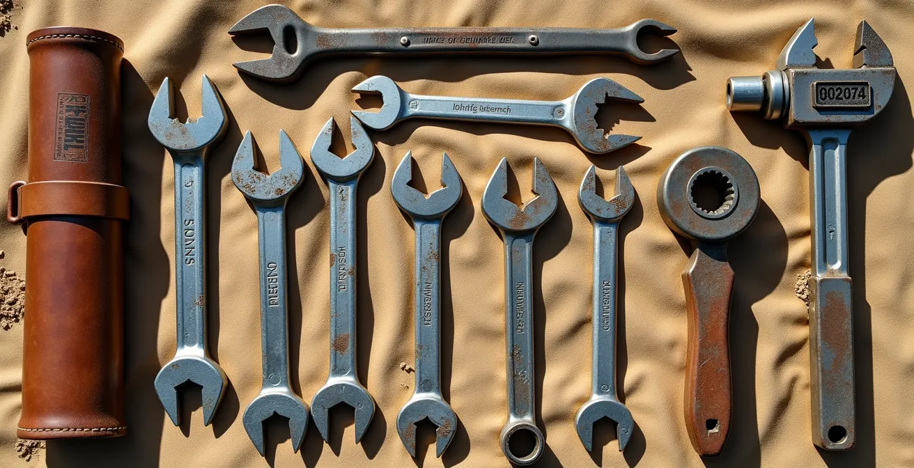 Outils de mécanique moto disposés méthodiquement sur une bâche dans le sable