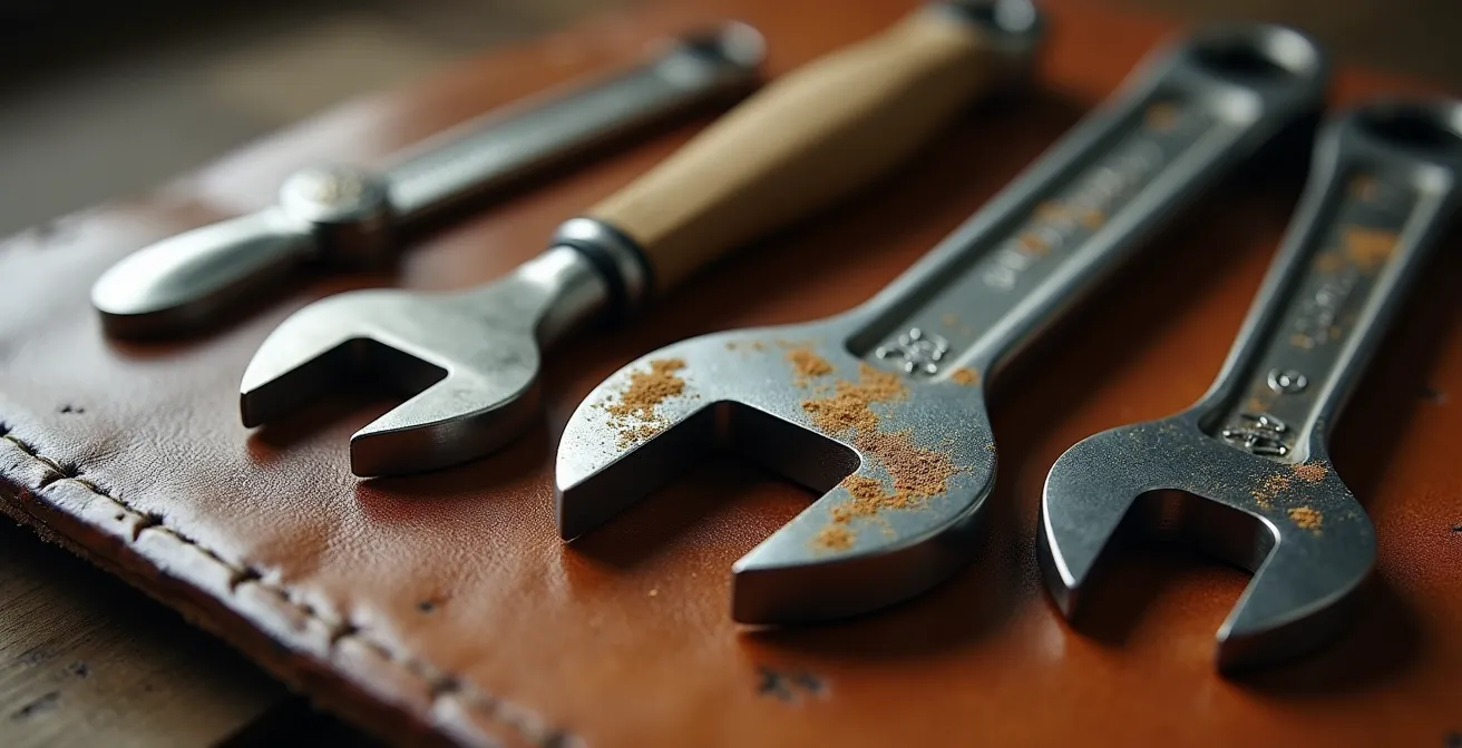 Vue macro détaillée d'outils de mécanique moto disposés sur du cuir usé