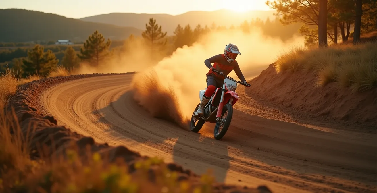Pilote en pleine glisse dans un virage avec projection de terre