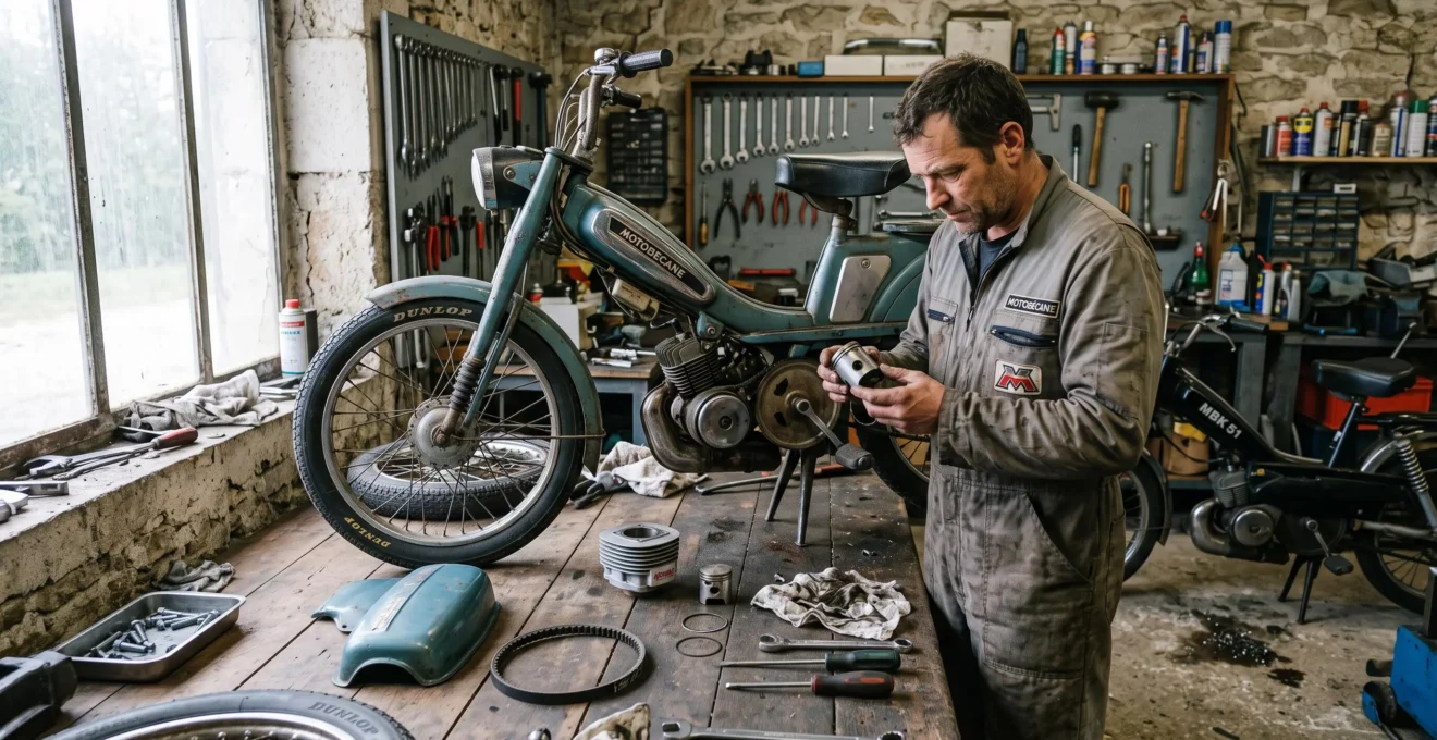 Atelier de restauration de mobylette ancienne avec une Motobécane des années 1980 sur établi, pièces détachées (cylindre, carénage, roue) disposées autour, et mains d'un restaurateur examinant un piston
