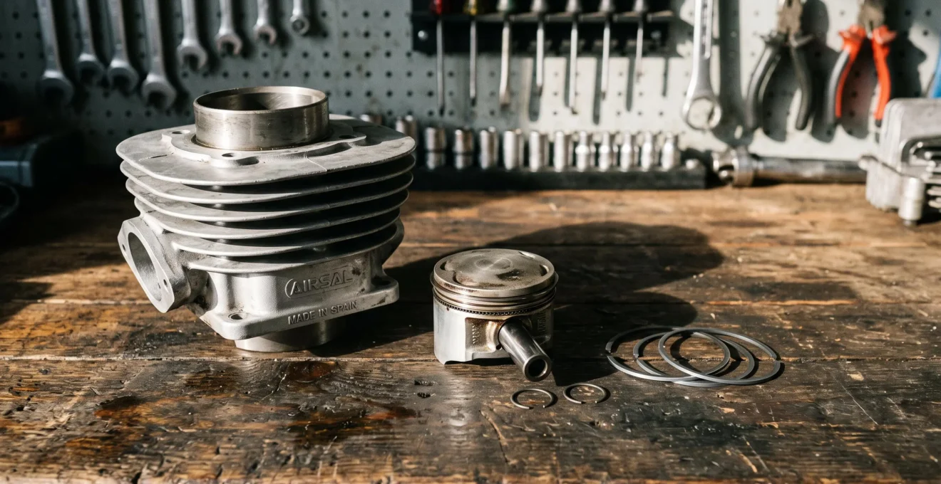 Gros plan sur des pièces moteur de mobylette ancienne : cylindre Airsal en aluminium, piston avec axe et segments, disposés sur établi d'atelier avec éclairage latéral révélant les détails métalliques