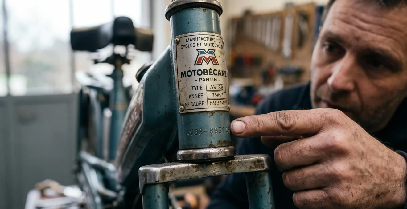 Gros plan sur plaque d'identification Motobécane rivetée au cadre et numéro de châssis frappé dans le métal, avec index d'un restaurateur pointant la référence pour vérification