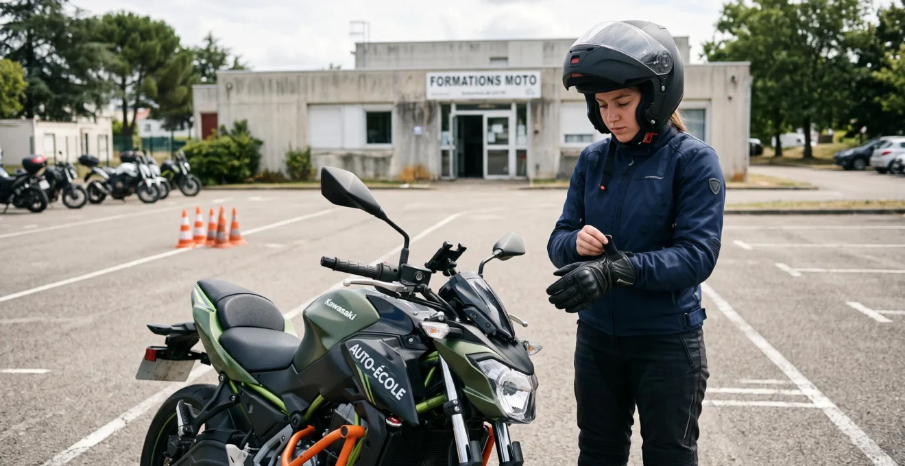 Élève préparant son équipement de protection avant une session de formation moto