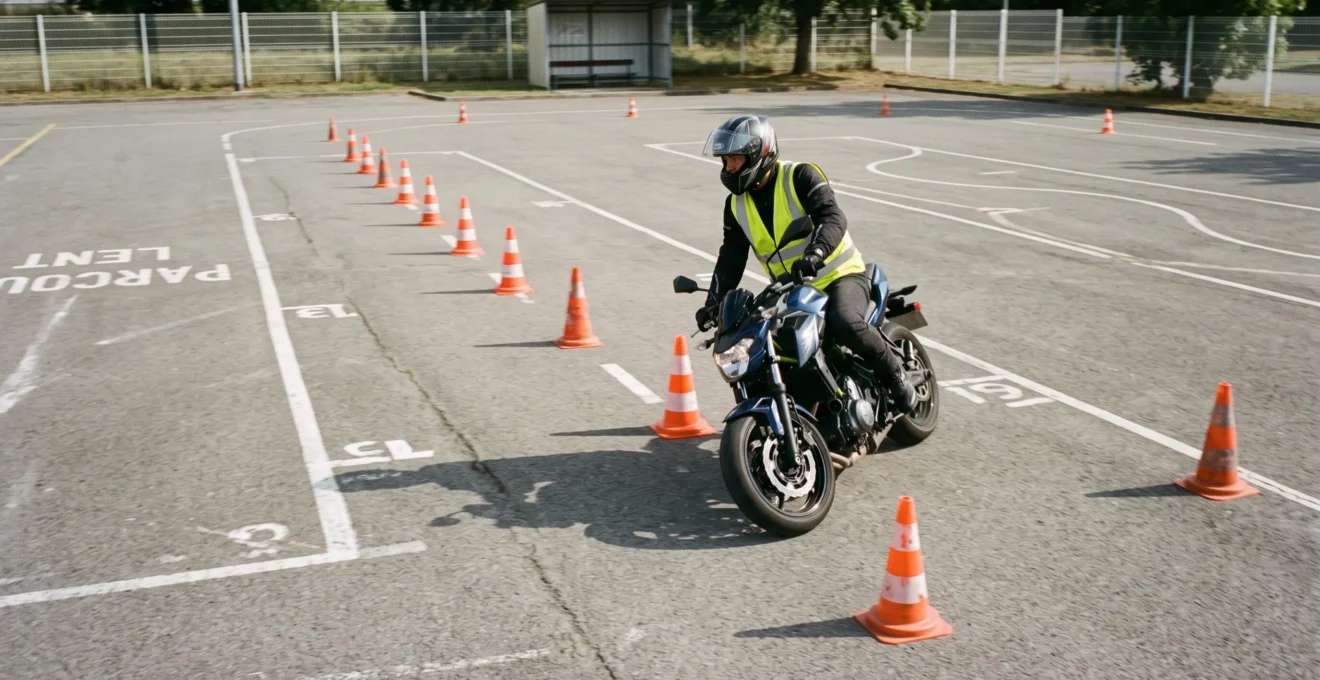 Motard en formation effectuant un exercice de slalom entre des cônes sur le plateau d'auto-école