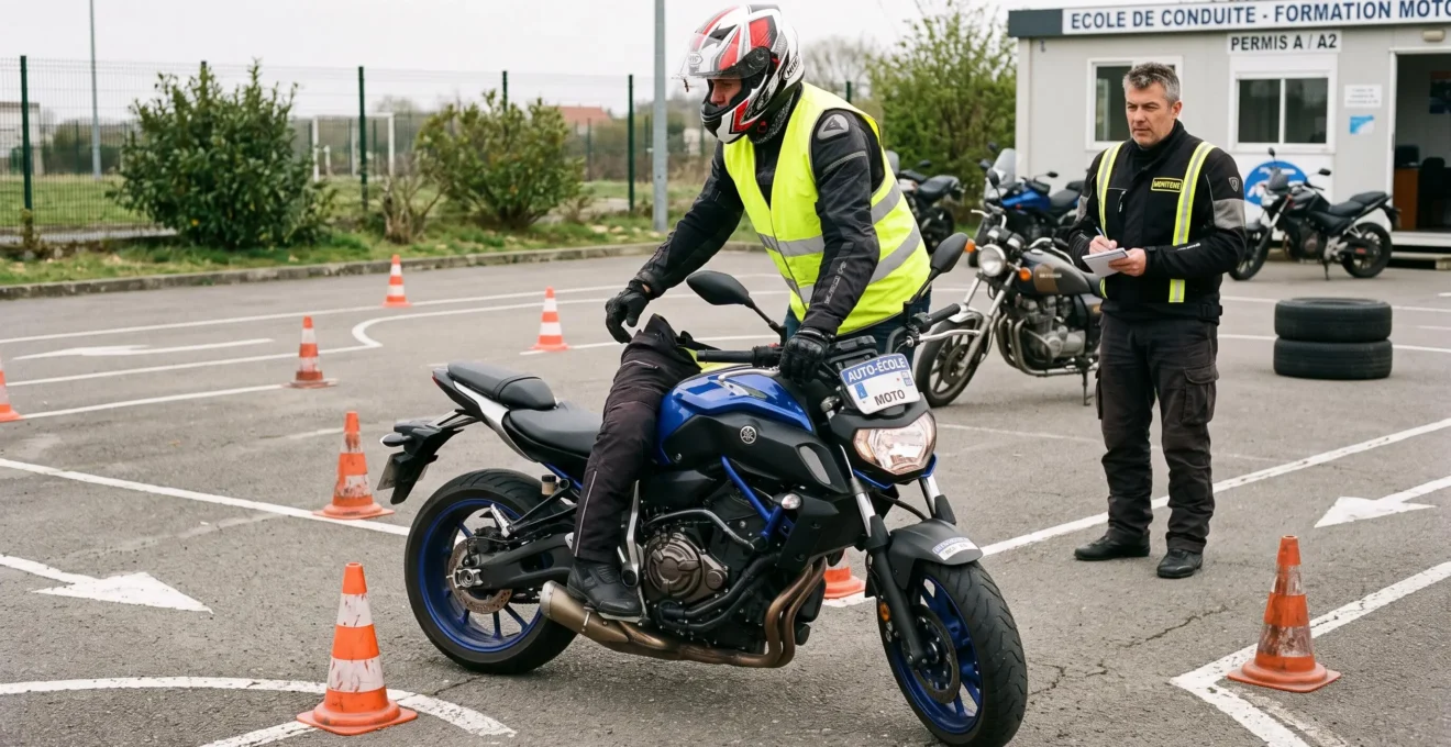 Élève en formation conduisant une moto d'auto-école à travers des cônes sur un plateau de formation