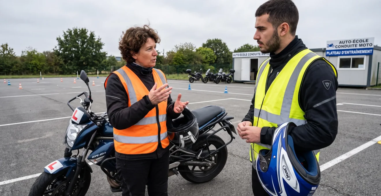 Moniteur d'auto-école moto expliquant une technique de conduite à un élève sur le plateau de formation