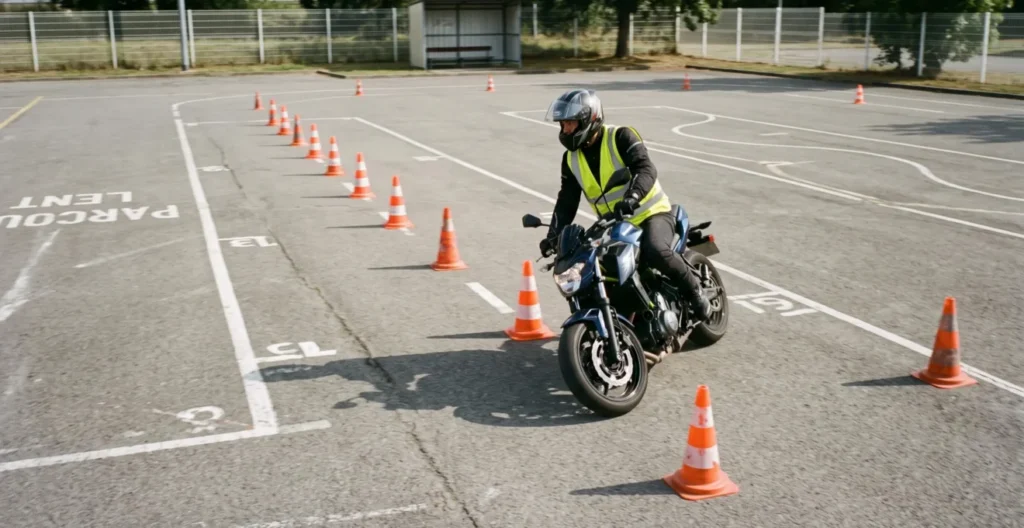 Motard en formation effectuant un exercice de slalom entre des cônes sur le plateau d'auto-école Motard en formation effectuant un exercice de slalom entre des cônes sur le plateau d'auto-école
